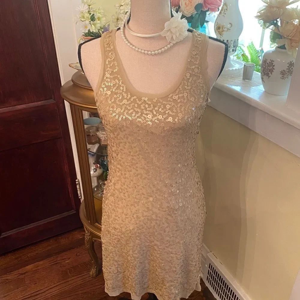 Max Studio Camel Semi Sheer Lined Sequin Dress SzS